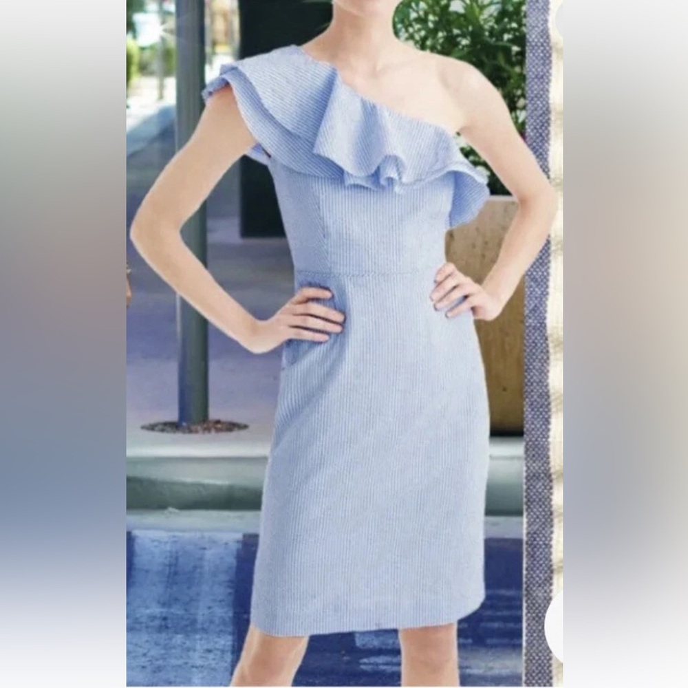 NWT J. Crew Seersucker Blue Striped One Shoulder Midi Dress